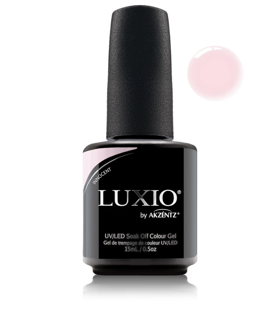 Luxio Soak-Off Gel Polish Innocent sheer 15ml bottle showing the clear, glossy gel with pinkish tint and brand label.