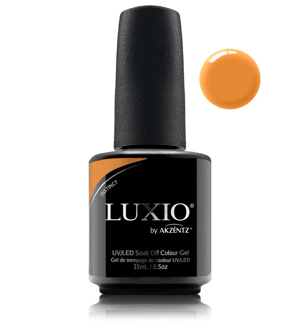 Luxio gel polish in Instinct shade, 15ml bottle, with a sleek black cap and clear label, showcasing its vibrant color and branding.