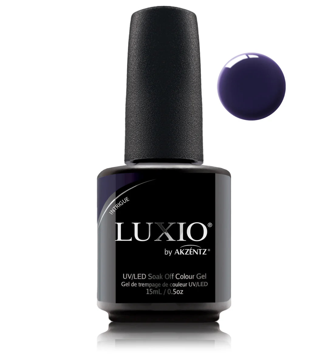 Luxio Soak-Off Gel Polish in Intrigue shade, 15ml bottle, featuring vibrant, glossy gel polish for professional nail artistry.