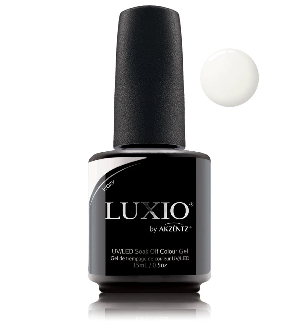 Luxio soak-off gel polish in Ivory color, 15ml bottle, showcasing smooth, glossy nail finish with brand label visible.