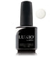 Luxio soak-off gel polish in Ivory color, 15ml bottle, showcasing smooth, glossy nail finish with brand label visible.