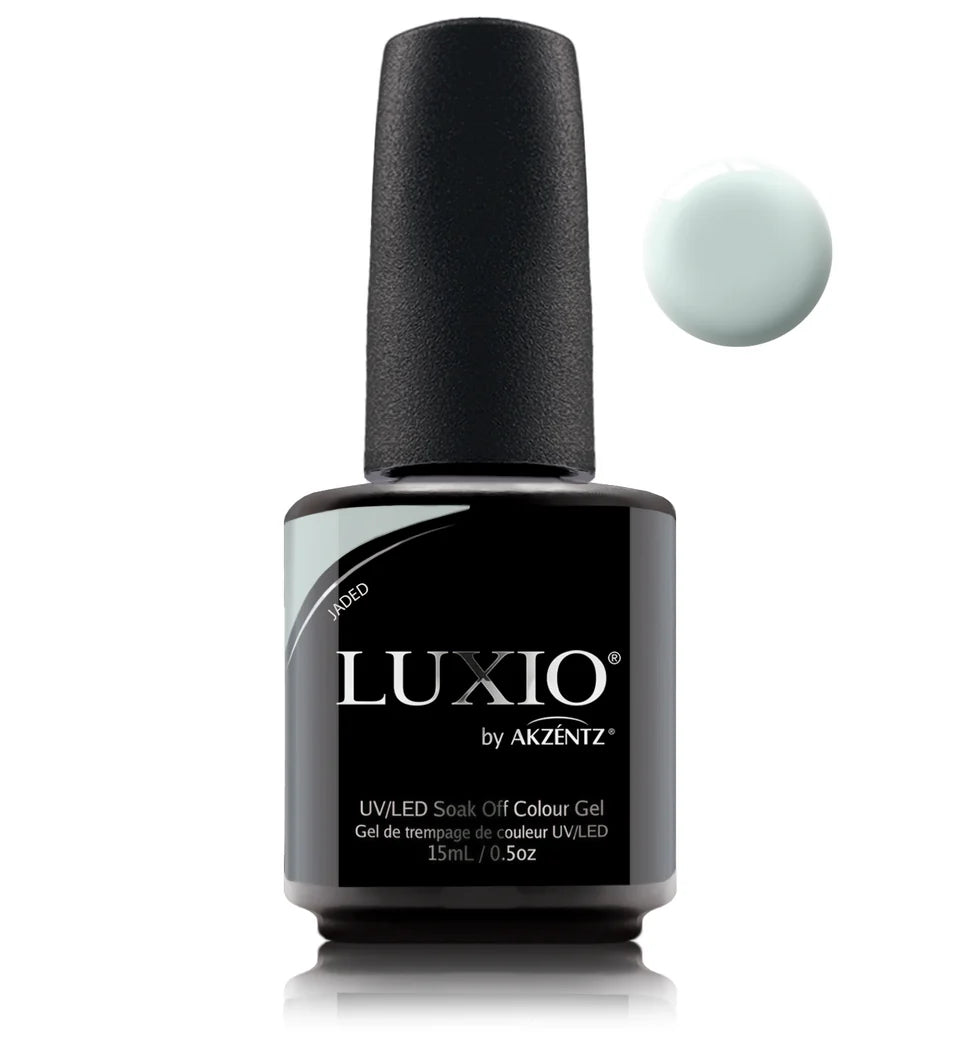 Luxio Soak-Off Gel Polish in Jaded, semi-sheer 15ml bottle, showcasing the soft, muted green gel polish for nails.