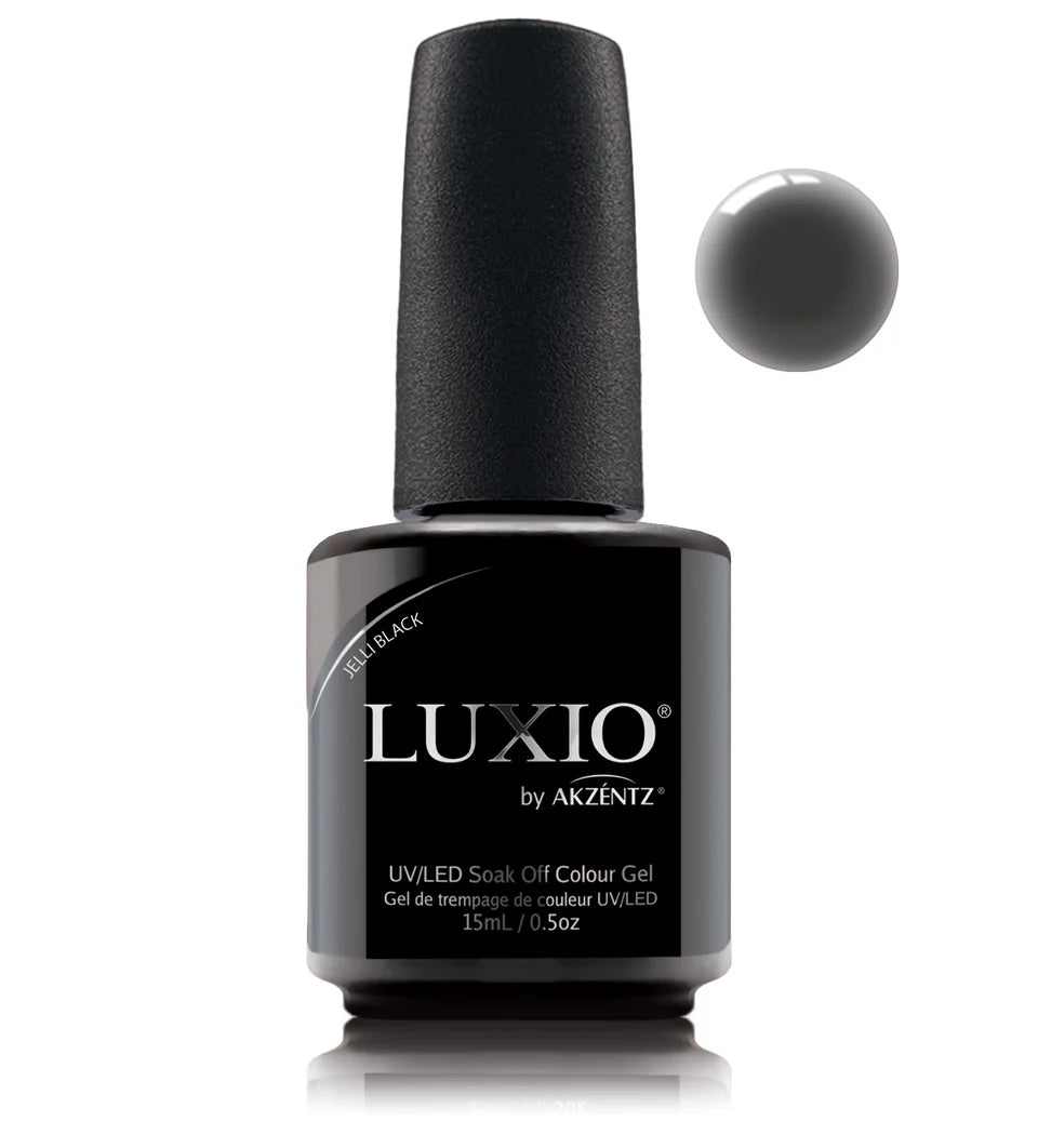 Luxio Luxio Soak-Off Gel Polish Jelli Black tint in 15ml bottle, dark black gel polish for professional nail art and manicure.