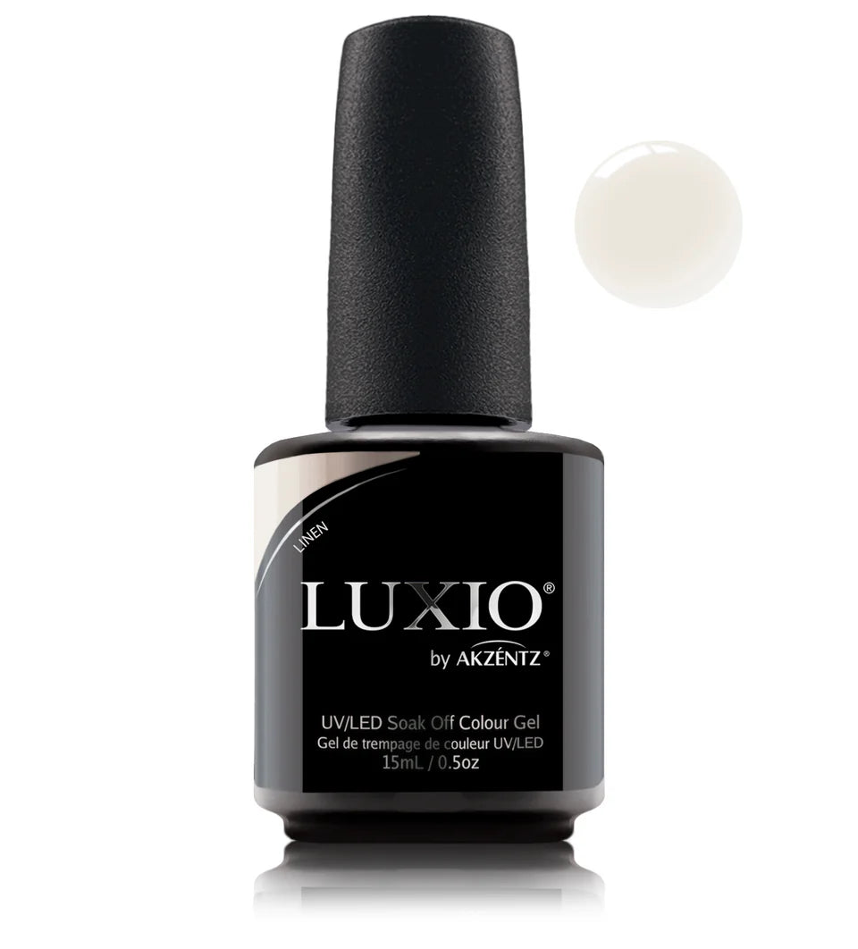 Luxio Luxio Soak-Off Gel Polish in Linen color, 15ml bottle, featuring a smooth, pastel nail polish application