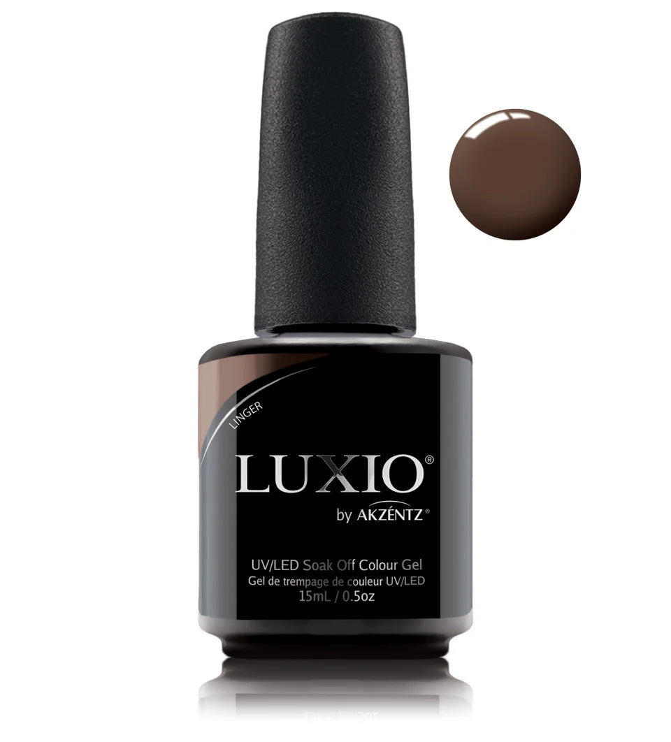 Luxio Soak-Off Gel Polish in Linger, 15ml, featuring a sleek bottle with the Luxio brand label visible.