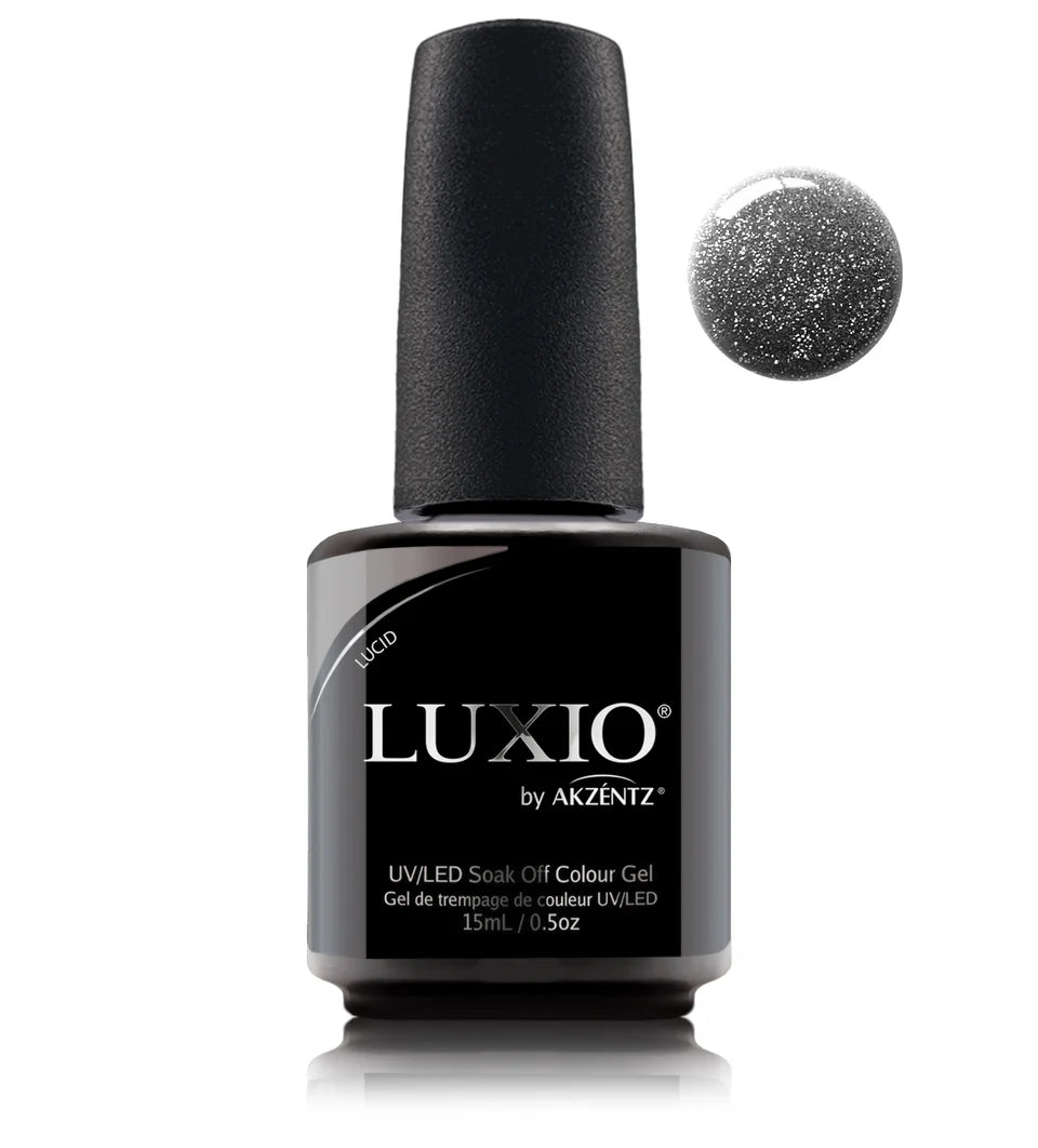 Luxio Luxio Soak-Off Gel Polish in Lucid glitter, 15ml bottle showing vibrant, sparkling gel for manicures and nail art.
