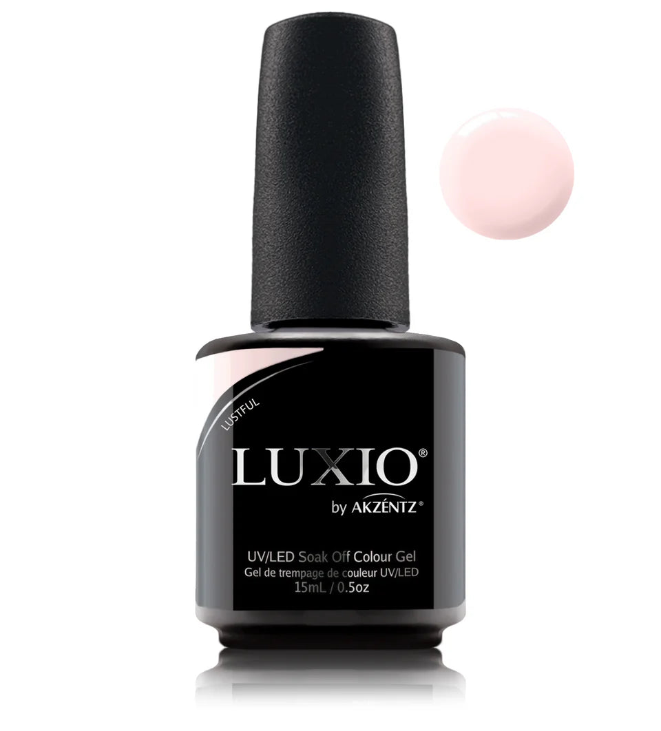 Luxio Lustful soak-off gel polish in 15ml bottle, vibrant pink shade, displayed in a close-up shot of the Luxio gel polish product.