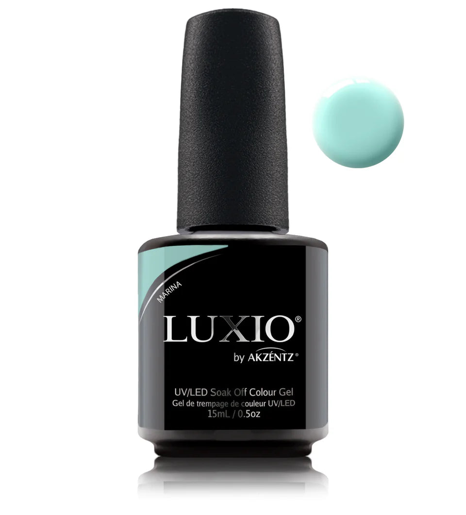 Luxio Soak-Off Gel Polish in Marina, 15ml bottle, showcasing vibrant blue color and sleek packaging with brand label.