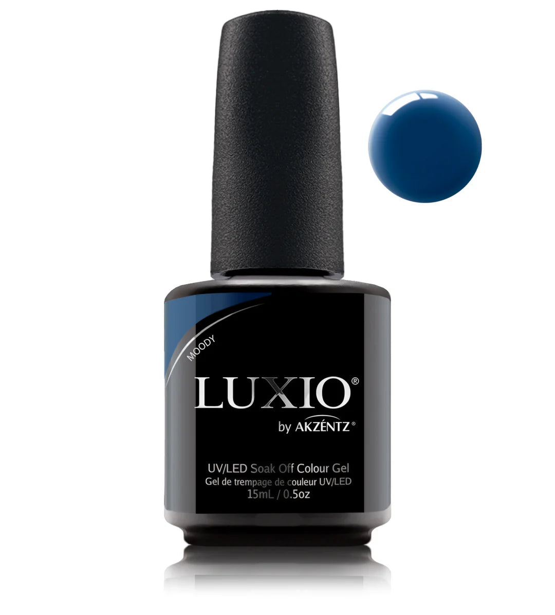 Luxio Soak-Off Gel Polish Moody 15ml bottle, featuring dark grayish hue, with the Luxio brand label visible on the product.
