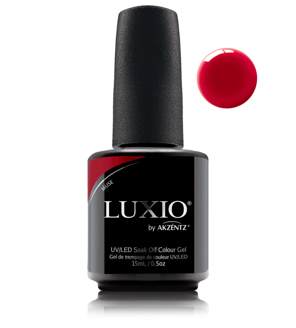 Luxio Muse soak-off gel polish in 15ml bottle, vibrant purple color, designed for long-lasting gel manicures.