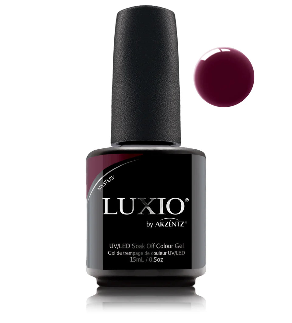 Luxio Soak-Off Gel Polish in Mystery 15ml bottle, featuring a sleek black cap and clear packaging, showcasing the Luxio brand.
