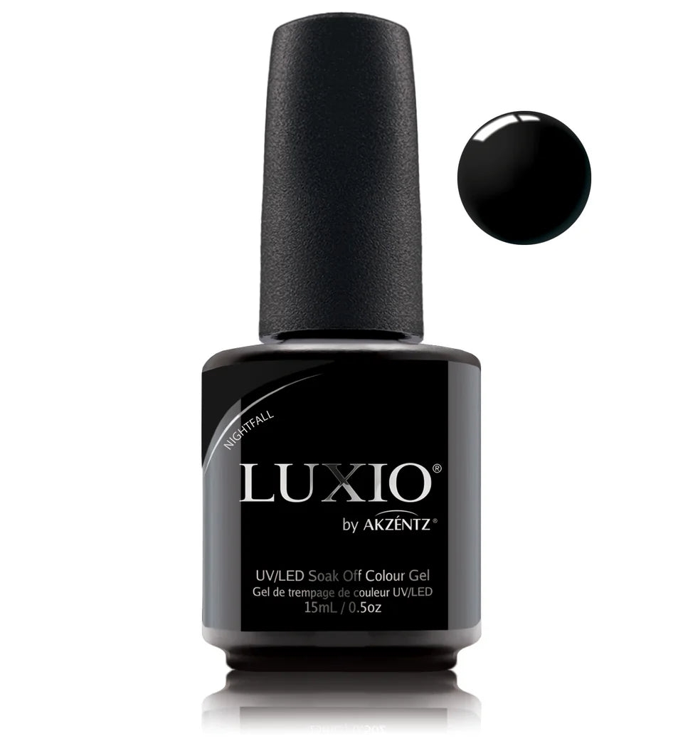 Luxio Luxio Soak-Off Gel Polish in Nightfall 15ml bottle, deep dark color with glossy finish, displayed in a nail polish bottle
