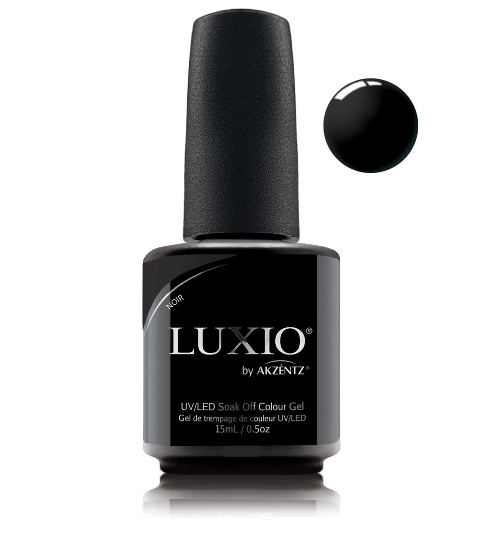 Luxio Soak-Off Gel Polish in Noir, 15ml, featuring a sleek black shade with smooth gel texture and professional application.