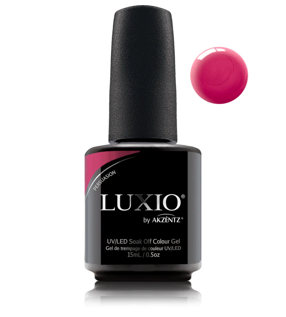 Luxio Soak-Off Gel Polish Persuasion with shimmer, 15ml, showcasing a shimmering gel polish applied on nails.