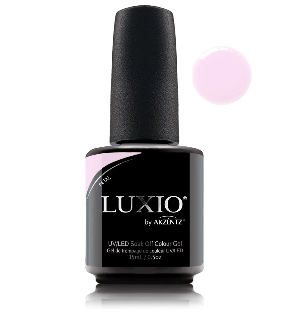 Luxio Soak-Off Gel Polish Petal semi-sheer 15ml bottle with a clear, soft pink gel inside, designed for professional gel manicures