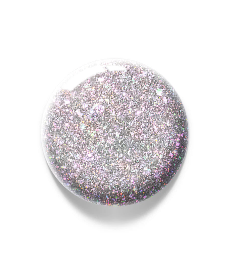Luxio Soak-Off Gel Polish Pixel glitter swatch in shadow, showing vibrant pink and glittery finish in 15ml bottle.