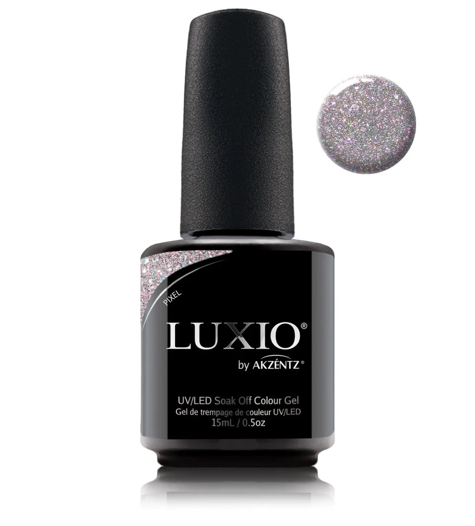 Luxio Luxio Soak-Off Gel Polish Pixel with glitter in a 15ml bottle, showcasing vibrant, sparkling nail polish.