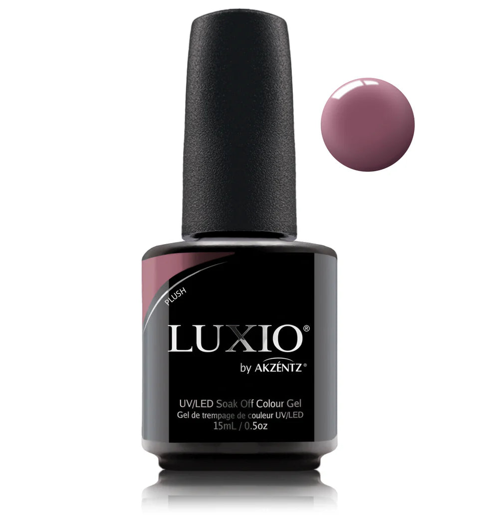 Luxio Luxio Soak-Off Gel Polish Plush 15ml bottle, featuring a sleek container with a clear label and vibrant polish color visible inside.
