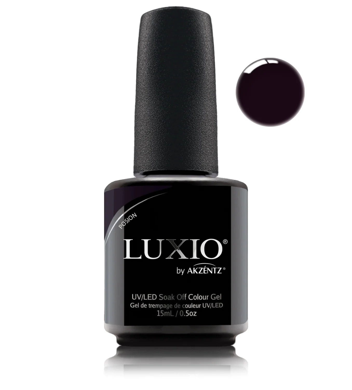 Luxio Soak-Off Gel Polish Poison Nocturne in dark purple, 15ml, TPO-free, with a glossy, rich gel finish.