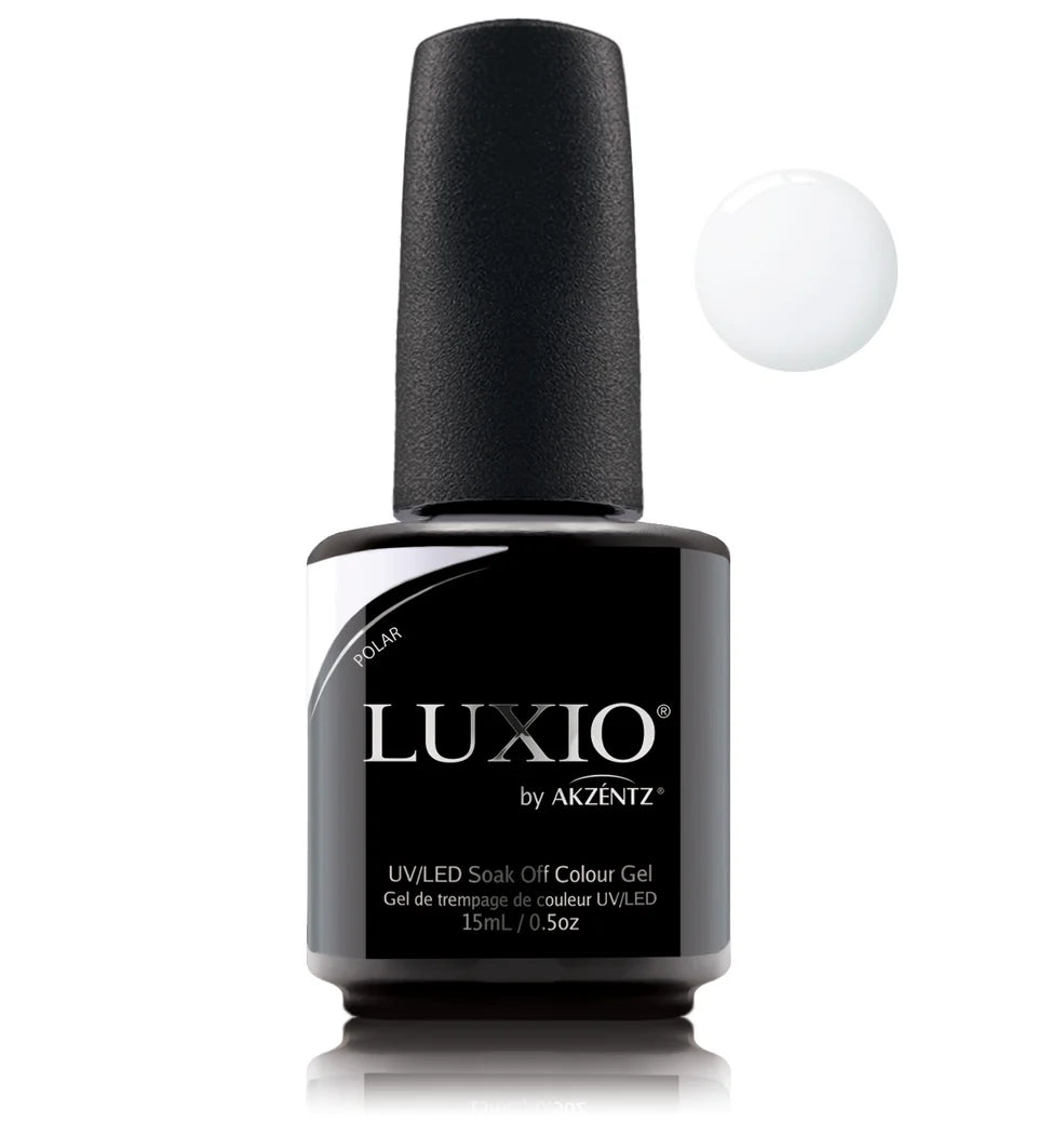 Luxio soak-off gel polish in Polar White, 15ml bottle, featuring a smooth, glossy finish and elegant packaging.