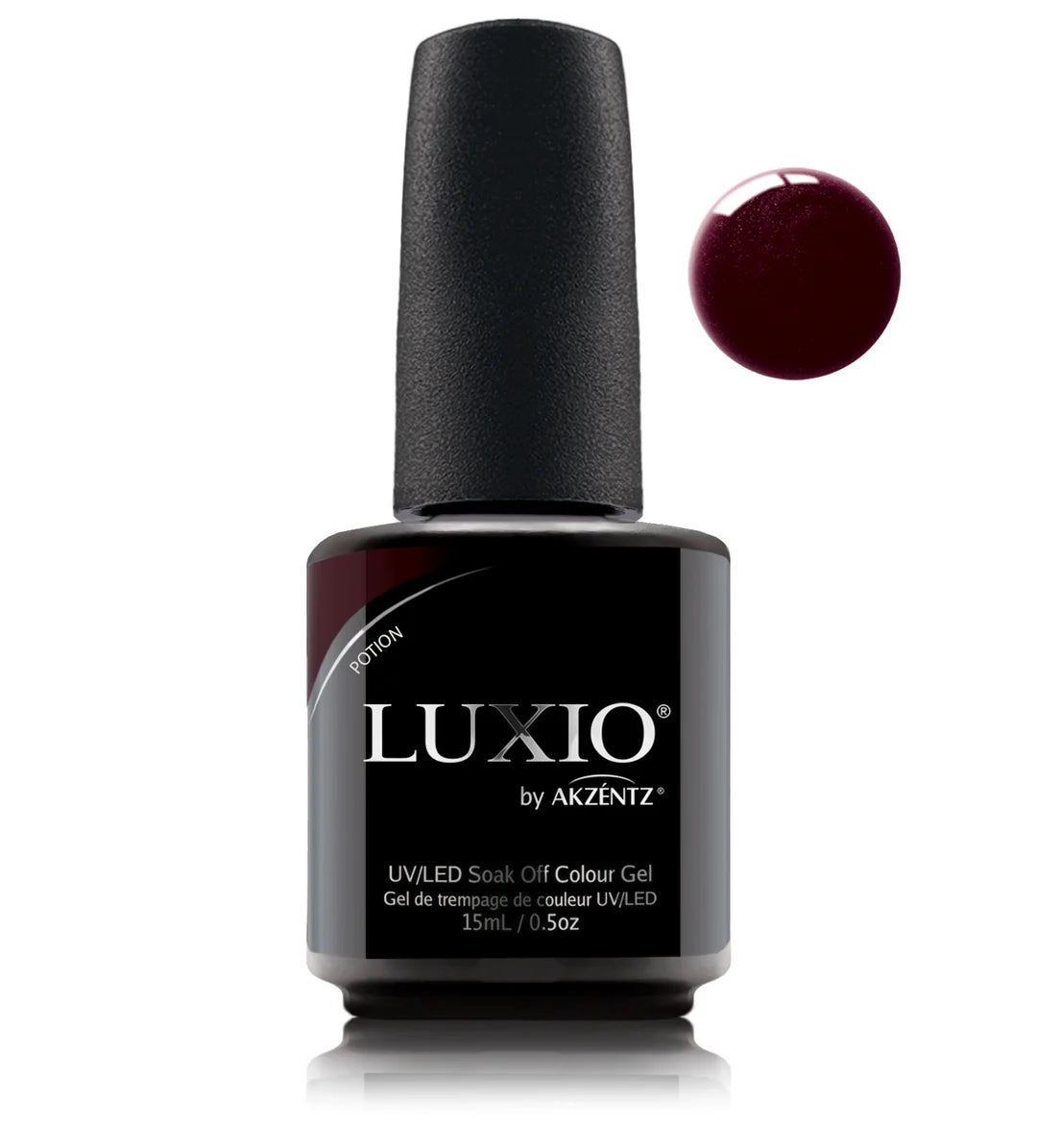 Luxio soak-off gel polish potion in shimmering shimmer finish, 15ml bottle with Luxio branding and applicator brush visible.