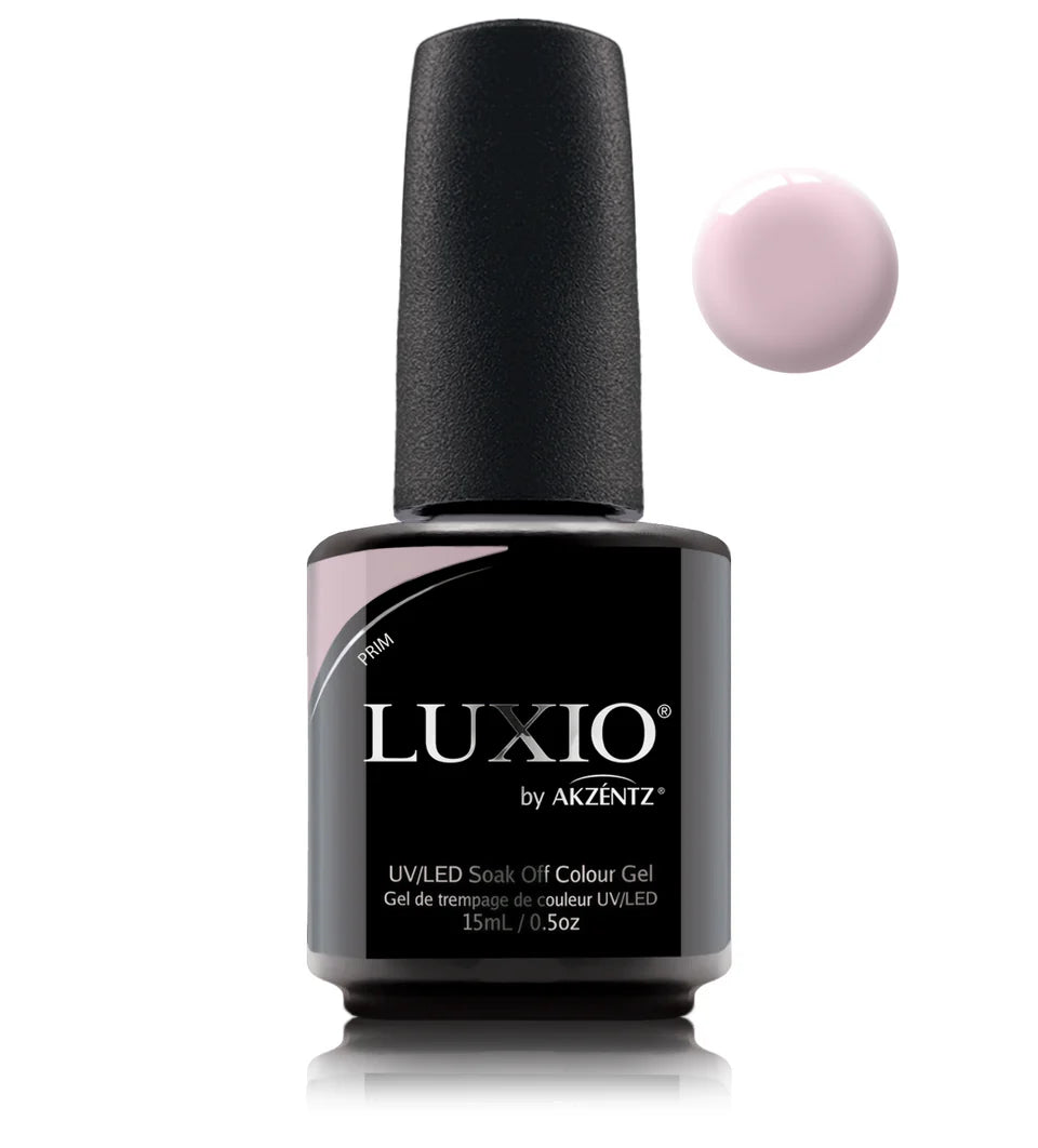 Luxio soak-off gel polish in Prim 15ml bottle, vibrant purple color, with brush applicator and clear gel label.