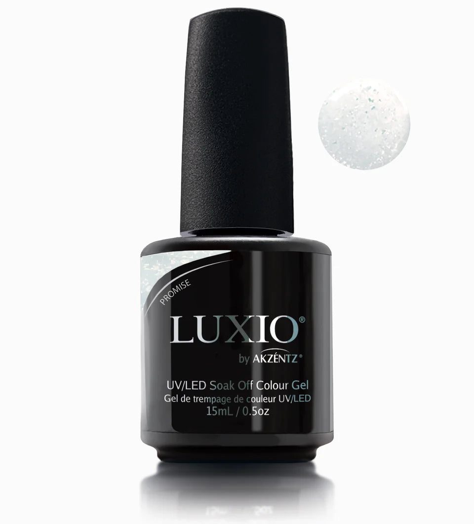 Luxio gel polish bottle featuring glitter finish, 15ml size, with the Luxio brand label and colorful, sparkly nail polish inside