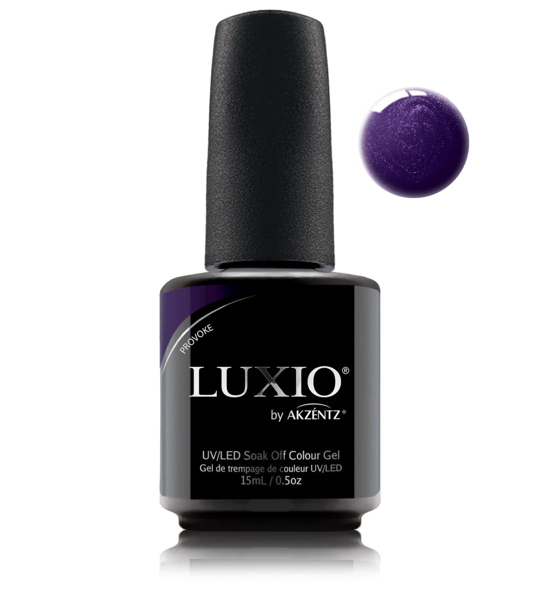 Luxio Soak-Off Gel Polish Provoke with shimmer finish in 15ml bottle, showcasing the vibrant, shimmering gel nail polish.