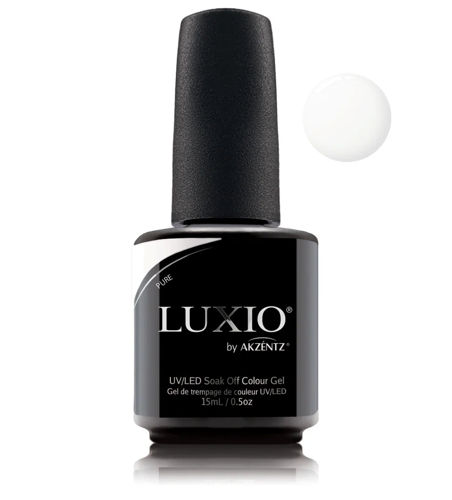 Luxio Soak-Off Gel Polish in Pure White, 15ml bottle, featuring a smooth, white gel finish for professional nail art and manicure.