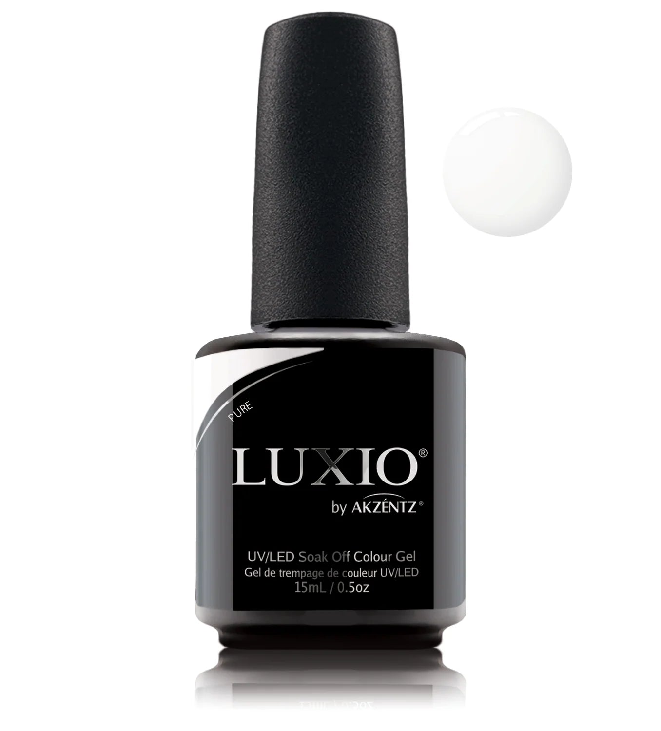 Luxio Soak-Off Gel Polish in Pure White, 15ml bottle with sleek packaging, designed for long-lasting, professional nail color.