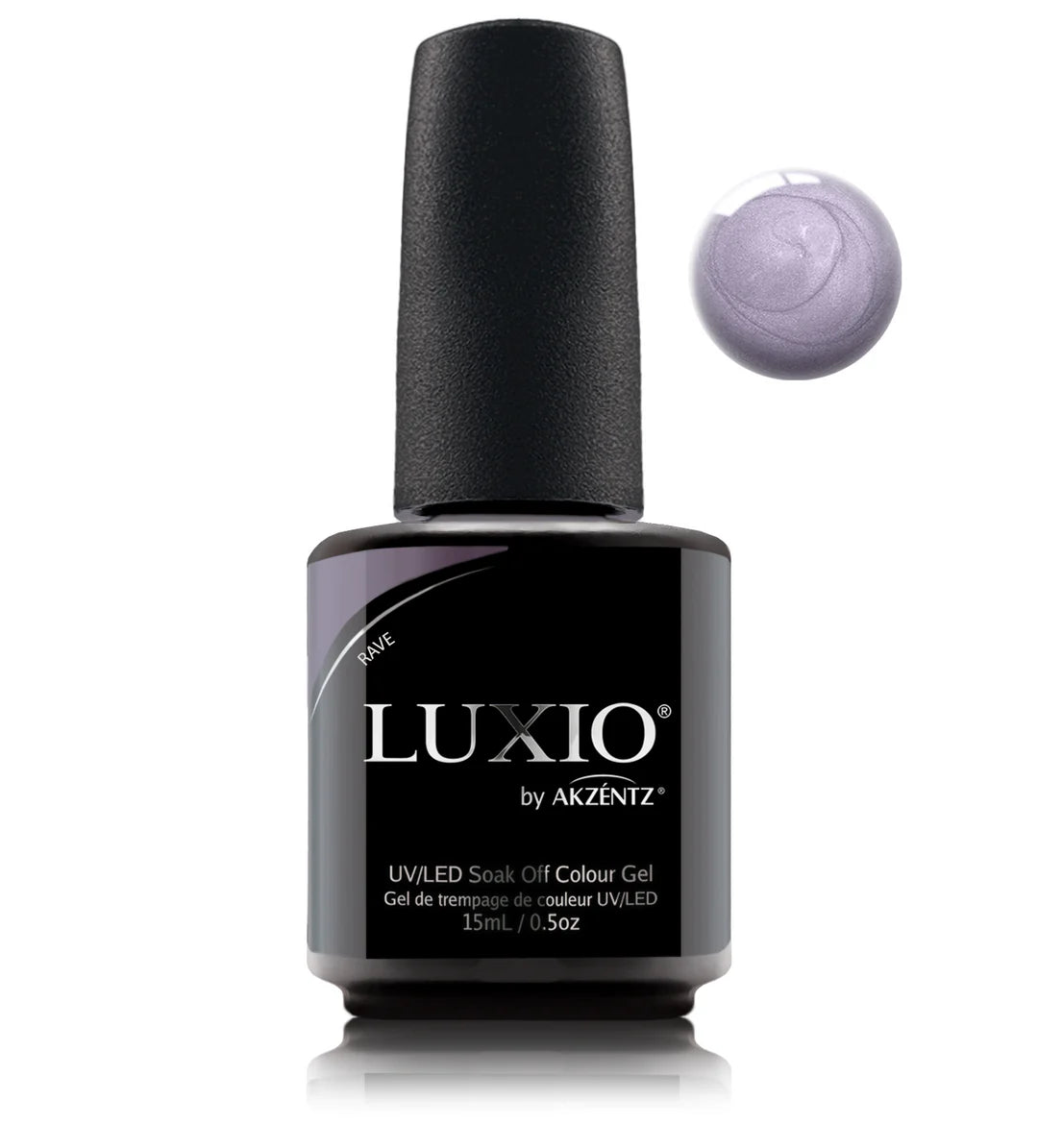 Luxio Rave soak-off gel polish in shimmering shade, 15ml bottle, featuring a vibrant, glittery finish for nails.