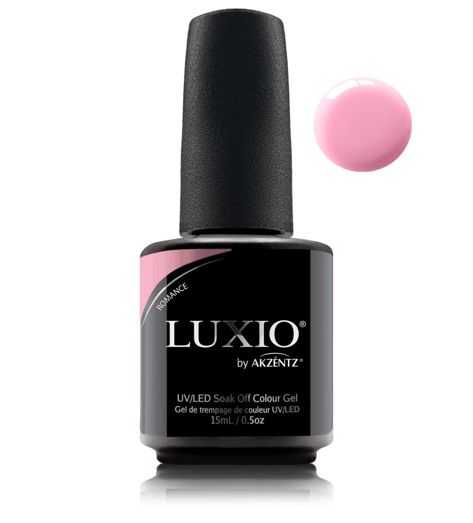 Luxio Romance soak-off gel polish in 15ml bottle, featuring a sleek black cap and vibrant pink gel inside.