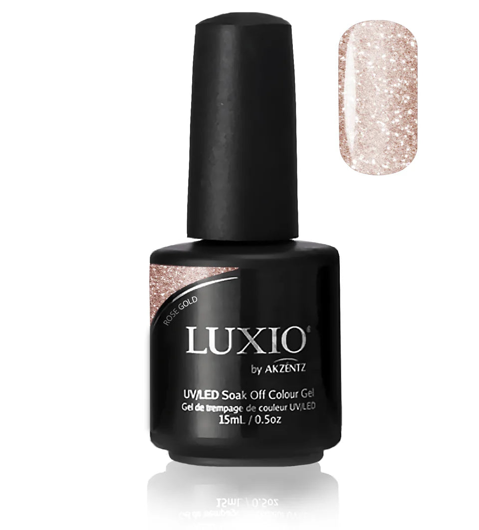 Luxio Soak-Off Gel Polish in Rose Gold Glitter, 15ml, featuring a shimmering, glittery rose gold finish on a gel polish bottle.