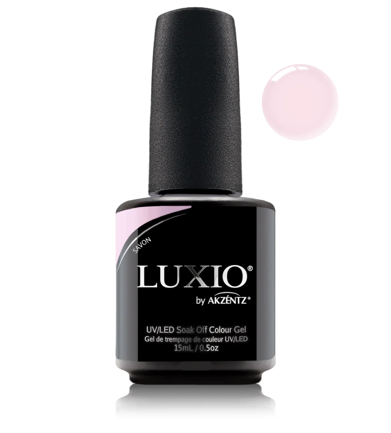 Luxio soak-off gel polish Savon 15ml bottle featuring a clear, elegant design with the Luxio logo and product label visible.