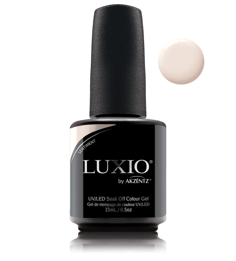 Luxio Sentiment soak-off gel polish in 15ml bottle, with the Luxio brand label visible on the 0.5oz packaging.