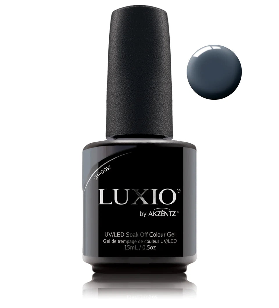 Luxio Soak-Off Gel Polish in Shadow color, 15ml bottle, showcasing the dark, smoky gel with a smooth, glossy finish.