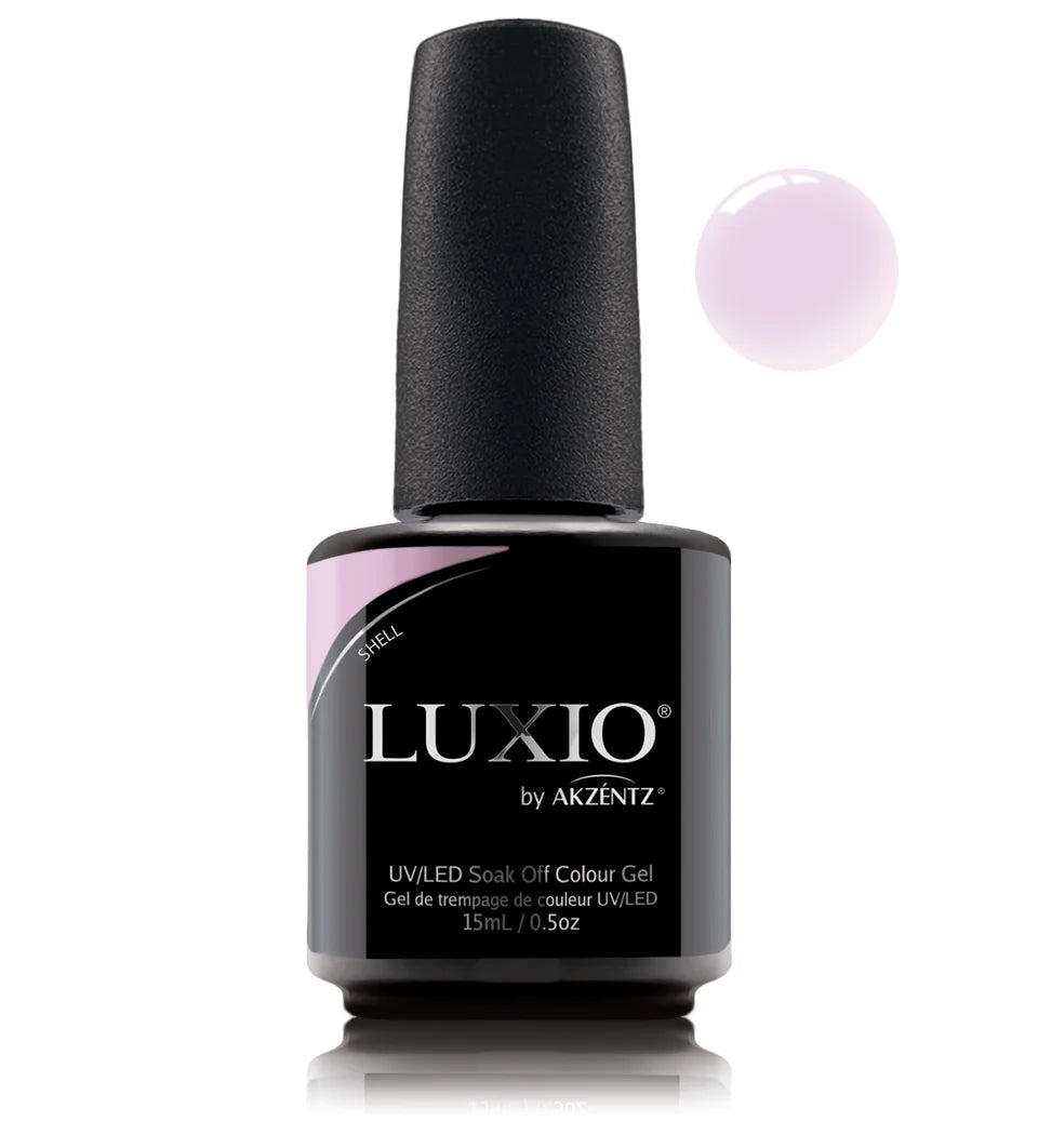 Luxio Soak-Off Gel Polish Shell (Sheer) 15ml bottle with clear label and gel polish inside, displayed against a neutral background.