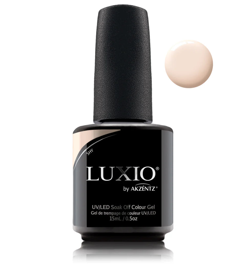 Luxio soak-off gel polish in Shy shade, 15ml bottle, with a smooth, glossy finish and elegant packaging.
