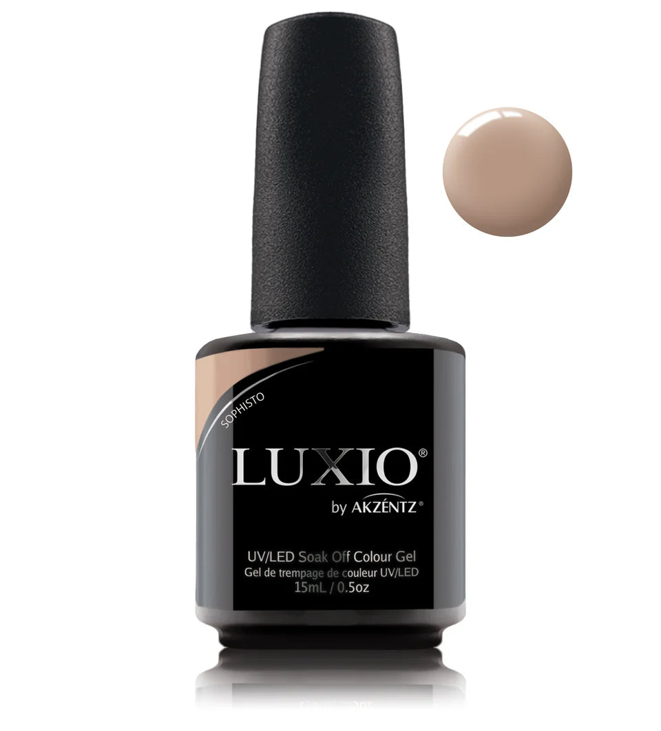 Luxio Sophisto soak-off gel polish in 15ml bottle, deep, rich color with smooth, glossy finish, suitable for professional manicures.