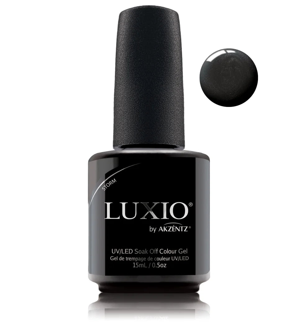 Luxio Soak-Off Gel Polish in Storm shimmer shade, 15ml bottle, showcasing the shimmering purple gel with glossy finish.