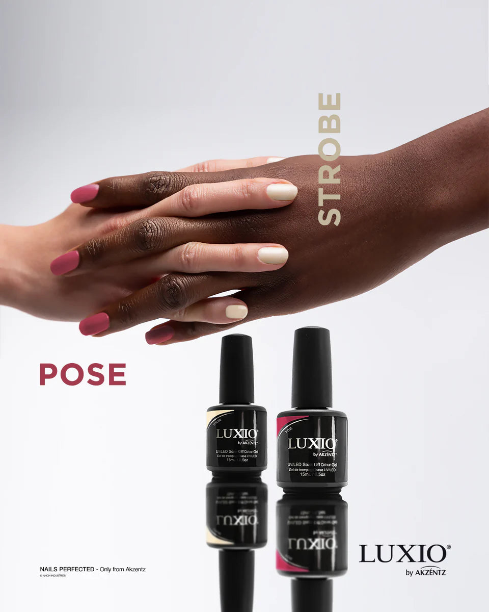 Luxio Soak-Off Gel Polish Strobe shimmer bottle, 15ml, featuring a vibrant, shimmering gel polish for professional nail art.