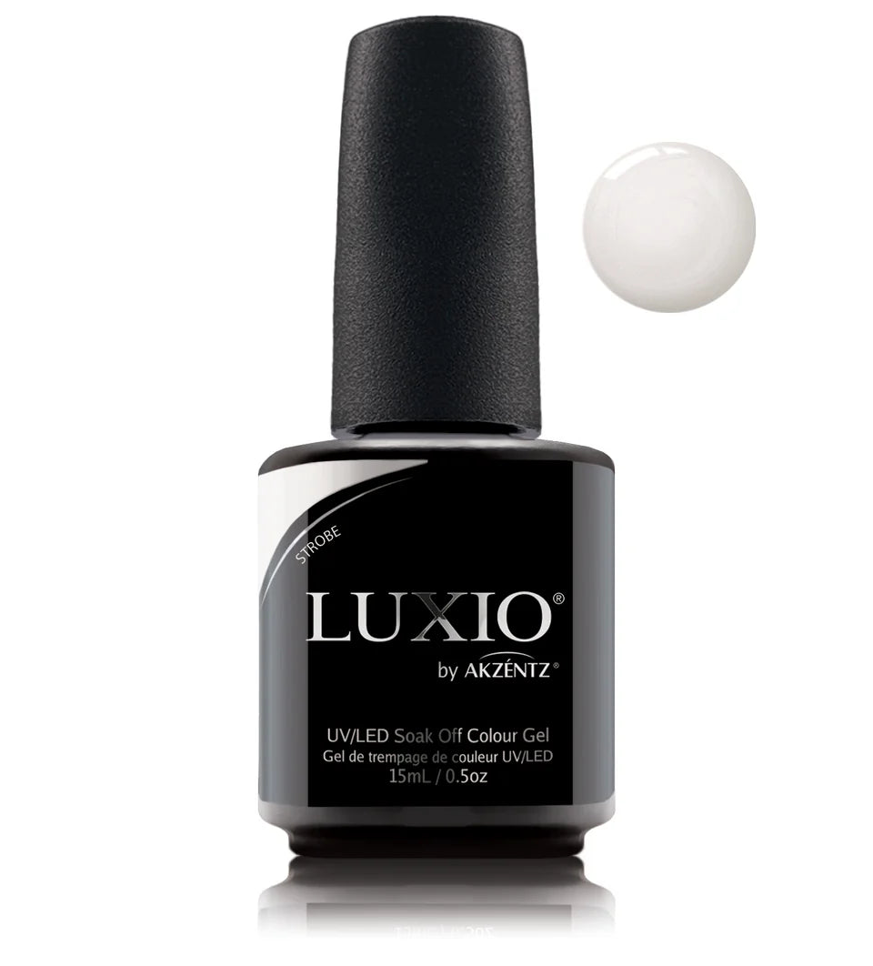 Luxio Soak-Off Gel Polish Strobe shimmer in 15ml bottle, with a glossy, shimmering finish and vibrant color for nails.