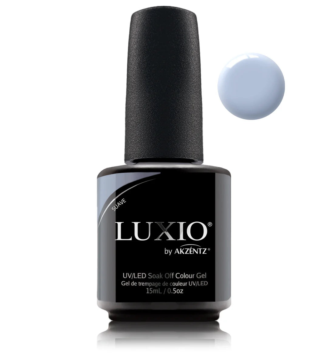 Luxio Soak-Off Gel Polish Suave 15ml bottle, smooth pastel pink color, with brand logo on the bottle, on a white background.