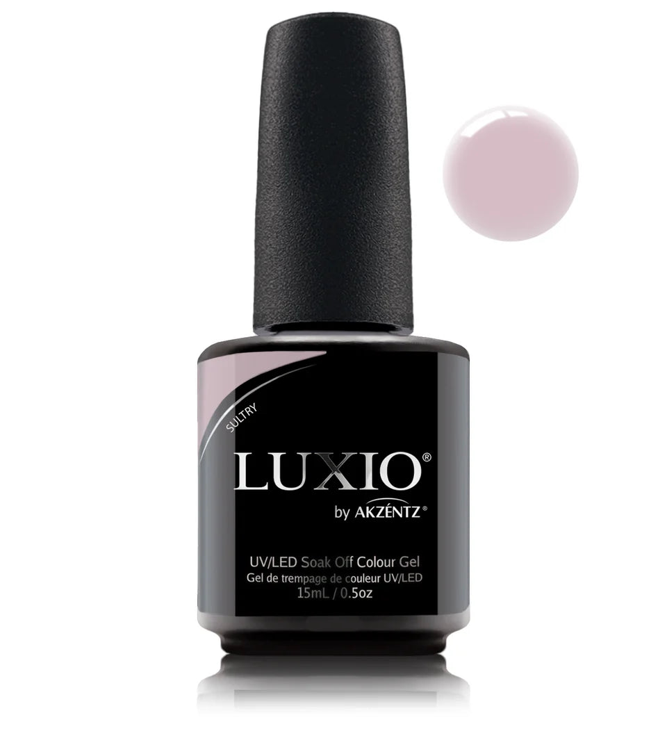 Luxio Soak-Off Gel Polish Sultry semi-sheer 15ml bottle, featuring a semi-transparent, elegant gel polish for nails.