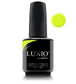 Luxio Sunburst Soak-Off Gel Polish in 15ml bottle, vibrant bright orange color, glossy finish, with brand label visible.