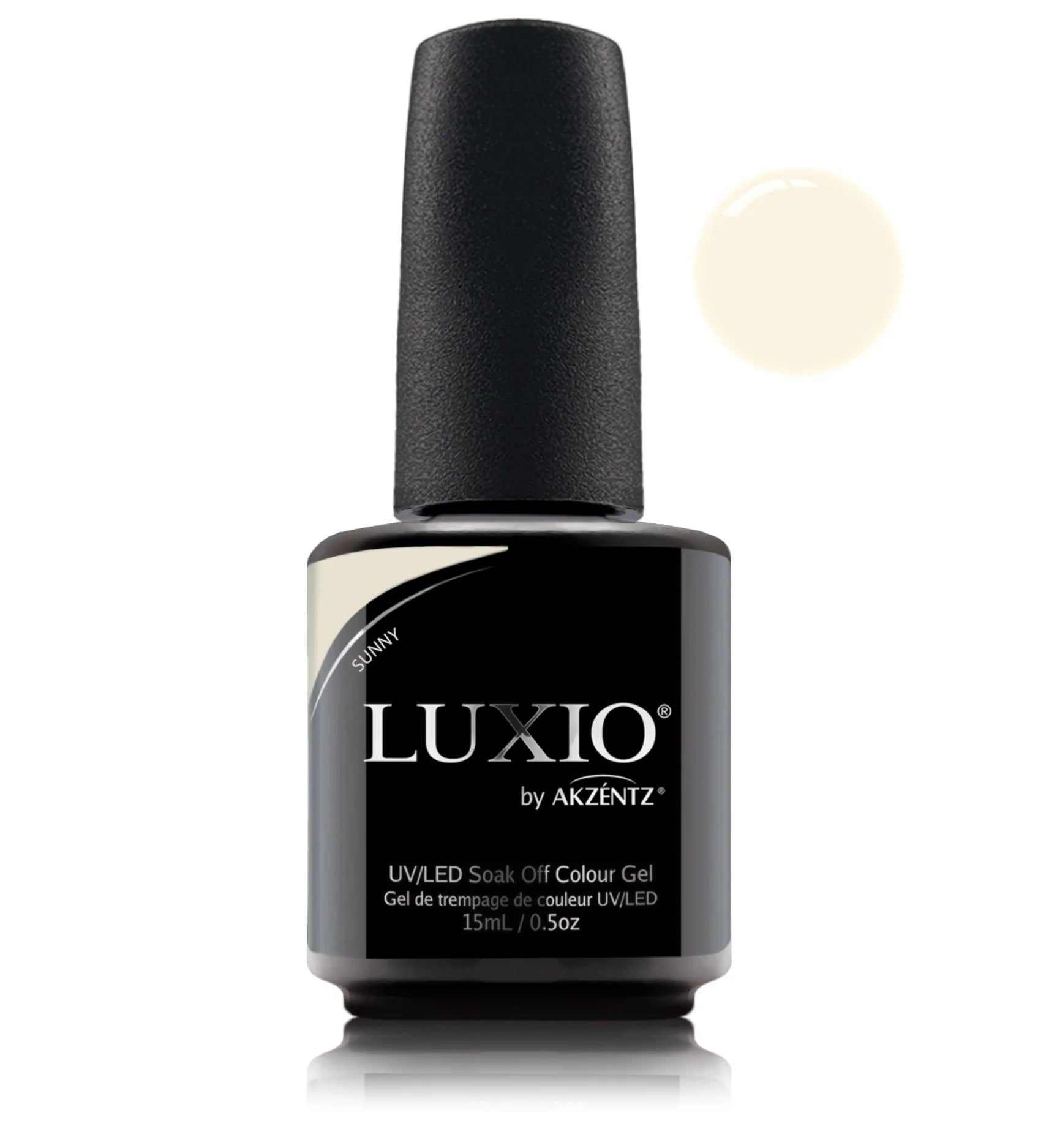 Luxio Luxio Soak-Off Gel Polish Sunny 15ml bottle with bright yellow cap and clear label, showcasing the gel polish product.