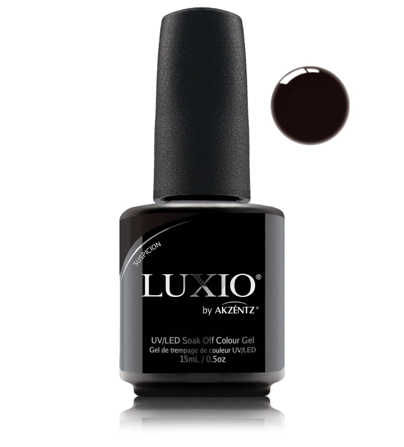 Luxio Gel Polish in Suspicion, dark brown soak-off gel nail polish, 15ml bottle with TPO-free formula