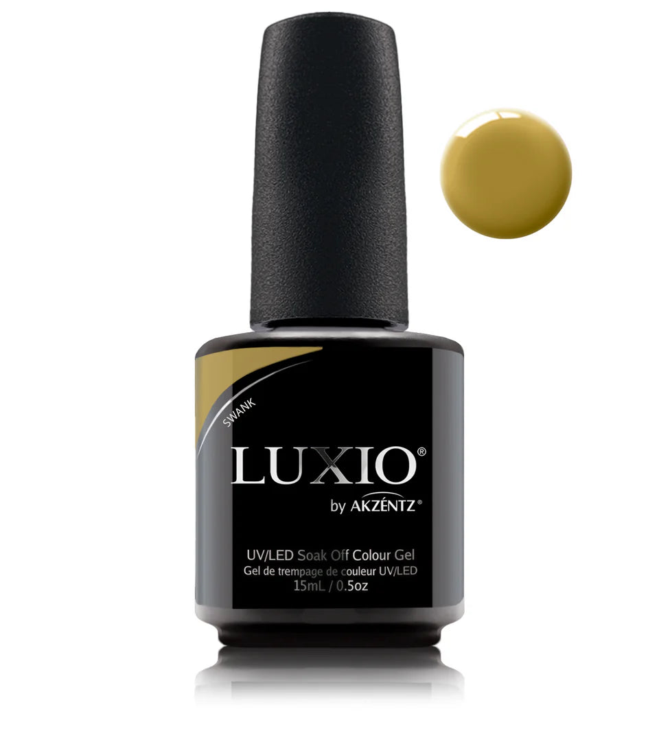 Luxio Swank soak-off gel polish in 15ml bottle, vibrant pink shade with smooth, glossy finish for gel manicures