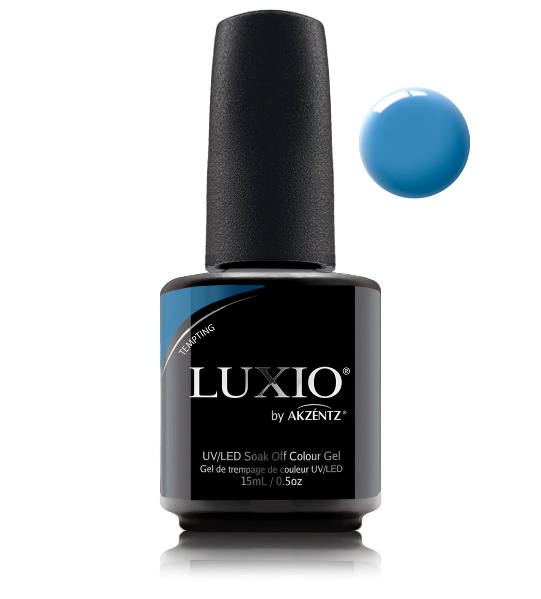 Luxio Tempting soak-off gel polish in 15ml bottle, featuring a glossy, vibrant red color for professional nail art.
