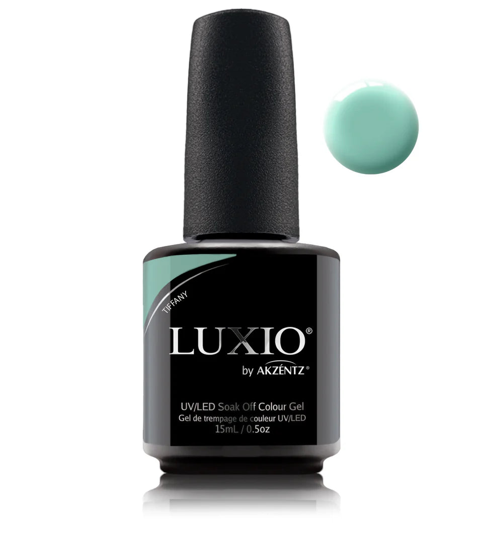 Luxio Tiffany soak-off gel polish in 15ml bottle, vibrant turquoise color with smooth, glossy finish for nails.